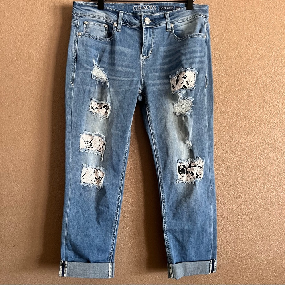 Grace in LA Floral Lace Boyfriend Jeans Distressed Size 27